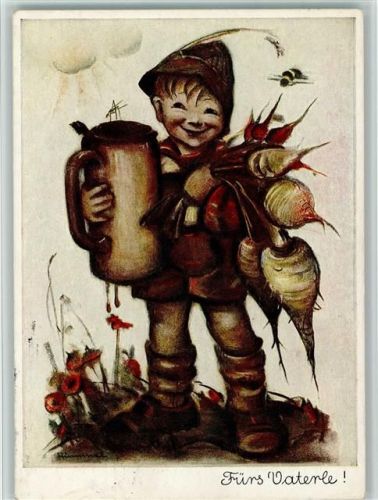 Hummelkarte Nr.5233 Fürs Vaterle Riesen Bierkrug und Radi Stempel 5.1.56 Recklinghausen