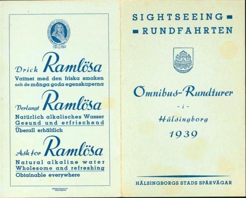 Helsingborg Omnibusrundfahrten, mit kurzer Angebotsbeschreibung, Werbung Ramlösa Wasser, 2-fach Klappkarte