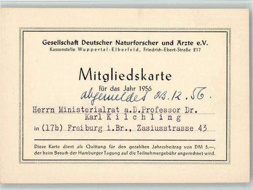 Freiburg Mitgliedskarte 1956 Deutscher Naturforscher