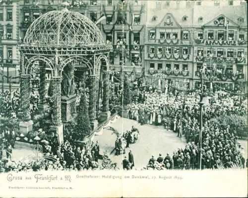 W6000 Frankfurt am Main Goethefeier, Huldigung am Denkmal 1899 Goethe Klapp AK 2-fach