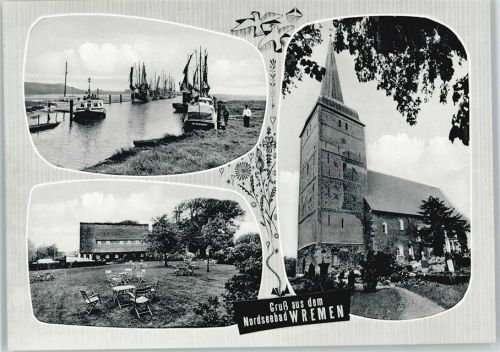 Wremen Kirche Wiese Baum Fluss Schiff