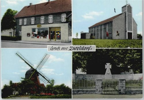 Zweidorf Kirche Kreuz Denkmal Zaun Mühle