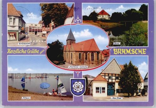 Bramsche Flus Brücke Kirche Boot Baum Haus