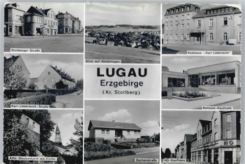 Lugau Stollberger Straße, Klubhaus, Karl-Liebknecht-Straße, Zechenstraße, Kaufhaus, Kirche