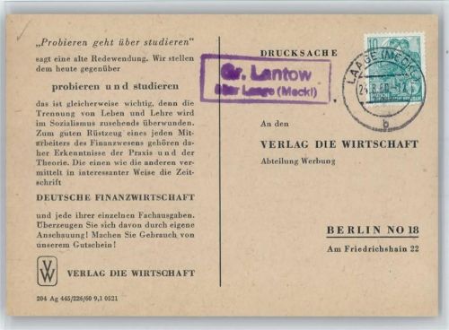 18299 O2601 Groß Lantow - Landpoststempel , Drucksache Reklame Verlag die Wirtschaft