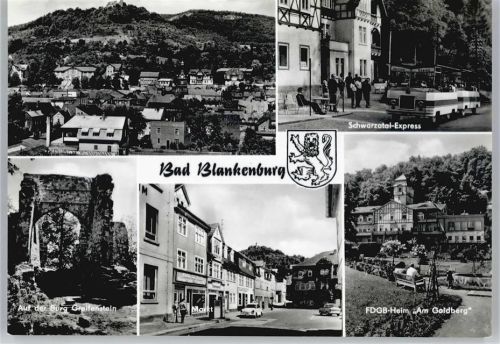 07422 O6823 Bad Blankenburg - Gesamtansicht, Burgruine, Markt, FDGB-Heim Am Goldberg, Schwarzatal-Express AKU2