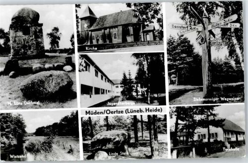 Müden Löns-Denkmal, Wietzetal, Kirche, Jugendherberge, Wegweiser, Turnhalle