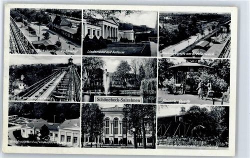 Bad Salzelmen Blick vom Gradierwerk auf Bahnhof, Lindenbad mit Solturm, Schwanenteich, Victoria-Quelle, Rosarium, Parkhaus