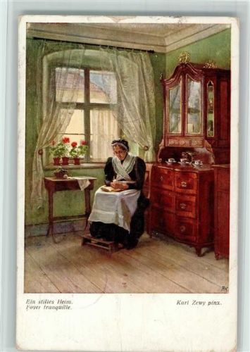 sign Zewy - Stilles Heim - Alte Frau mit Fußbank - Interieur 1915 AK