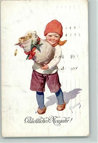Neujahr - Verlag BKW Serie 2988-5 - Kind mit einem Geldsack