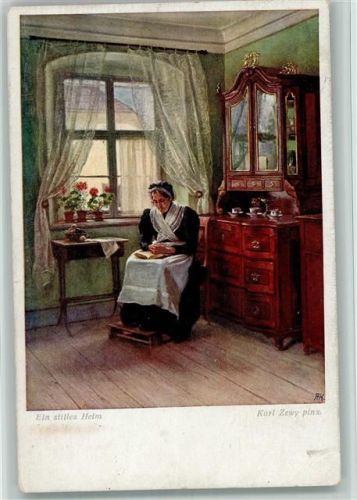 Wiener Kunst , sign Zewy - Alte Frau mit Fußbank, sitzt am Fenster 1916 AK