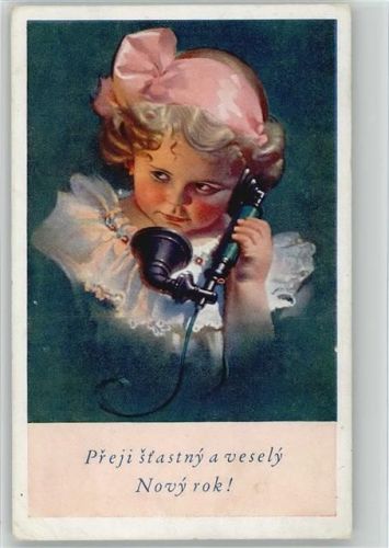 Mädchen mit schöner rosa Schleife beim Telefonieren ca 1940 AK