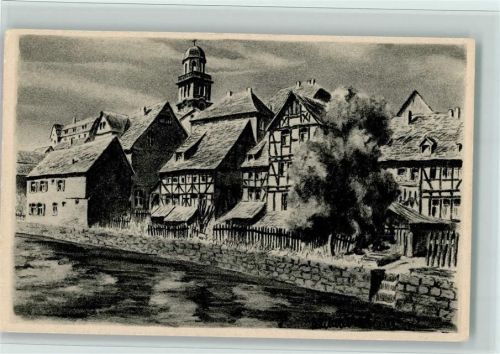 Lauterbach Ortsansicht Fachwerkhäuser Kohlezeichnung sign. K. Winkel
