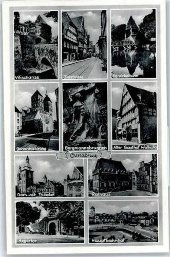 Osnabrück Pernickelturm, Bierstraße, Vitischanze, Kirche, Bergmannsbrunnen, Gasthof Walhalla, Dom, Theater, Rathaus, Hegertor, Bahnhof