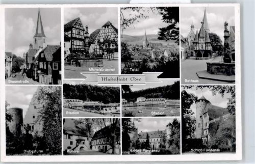 Michelstadt Braunstraße, Diebesturm, Michelsbrunnen, Stadion, Kellerei, Gesamtansicht, Schloss, rathaus