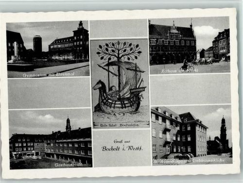 Bocholt Gymnasium mit Ehrenmal Gasthausplatz Bocholdina Segelboot Rathaus am Markt St. Agneshospital und Liebfrauenkirche