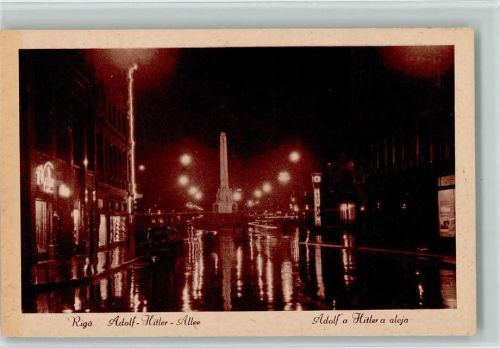 Riga 1938 Adolf-Hitler Allee bei Nacht AK WK II