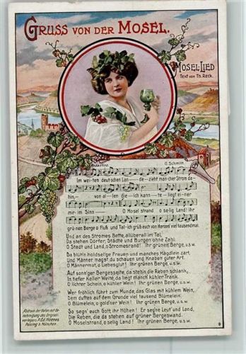 Burgen Mosellied Frau Tracht Weinrebe