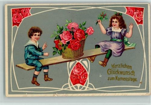 1915 Jugendstil - Namenstag, Kinder auf einer Wippe mmit einem Rosenkorb AK