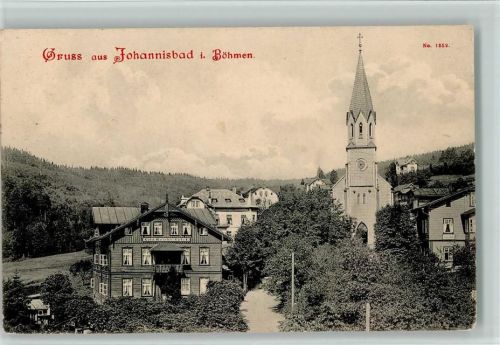 Janske Lazne 1903 Partie bei der Kirche, Hotel AK Riesengebirge