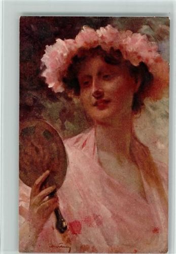 BKW Serie 499-1 - Frau mit einem Handspiegel und Blumenkranz im Haar AK