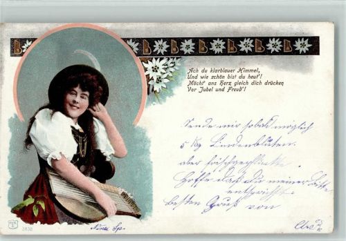 1901 Verlag Künzli 3838 - Spruch, Frau mit einer Zither AK