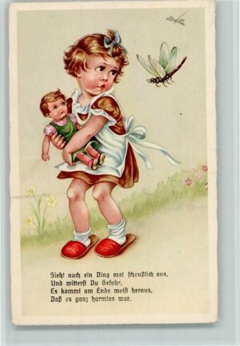 0463 - Mädchen miit einer Puppe und einer Libelle AK