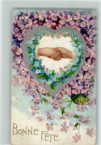 Hände halten sich, Herz aus Blüten, Vergissmeinnicht AK Poesie 1907 Prägedruck