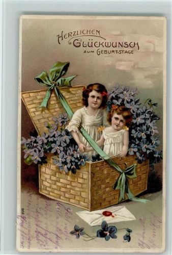1913 Brief, im Korb sitzen zwei Kinder, Veilchen AK