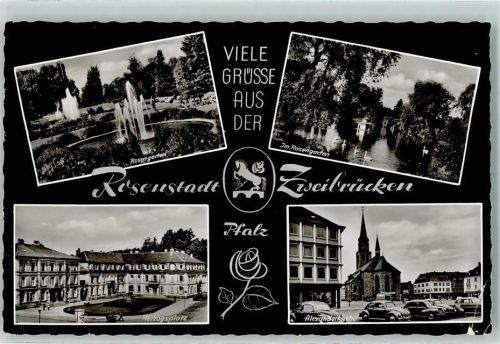 Zweibrücken Rosengarten Schwäne Herzogsplatz Litfasssäule Alexanderkiche VW-Käfer