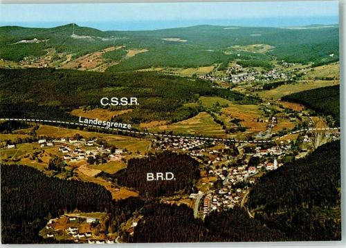 Bayerisch Eisenstein Rückseite mit Abschürfungen bzw Kleberesten Fliegeraufnahme