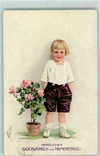 Kind mit einem Blumentopf AK Namenstag 1919