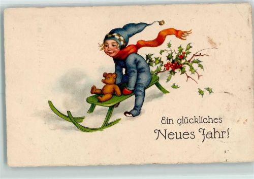 1925 Neujahr Kind Schlitten Stechpalme Verlag Dondorf 2784