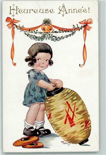 1924 Heureuse Annee Mädchen mit Lampions Künstlerkarte