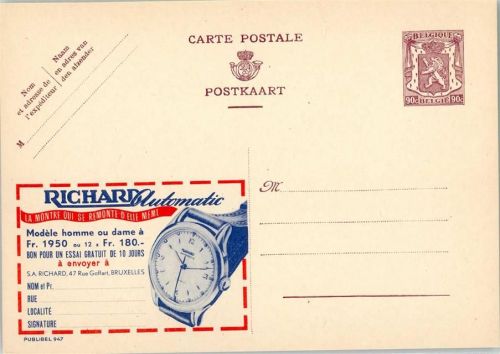 Richard Automatic Uhren, Publibel 947 Belgische Ganzsache Wertstufe 90c Uhr