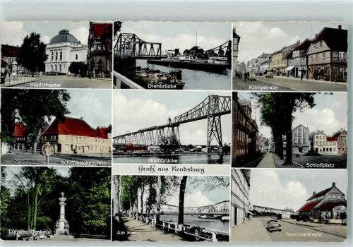 Rendsburg Stadttheater Drehbrücke Königstraße Schiffbrückenplatz Hochbrücke Schloßplatz Lornsen-Denkmal Am Kanal Nordmarkhalle