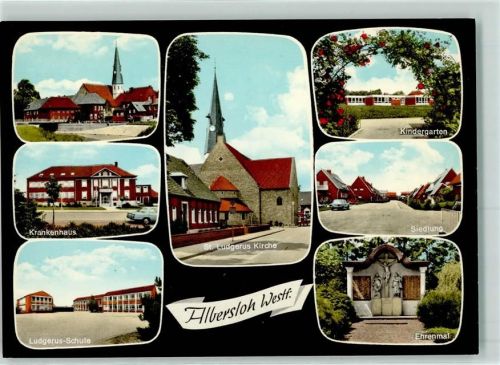 Albersloh Rückseite mit Abschürfungen und Kleberesten Krankenhaus Ludgerus-Schule St. Ludgerus-Kirche Kindergarten Siedlung Ehrenmal