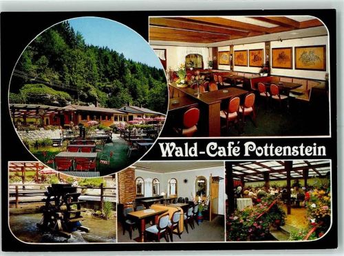 Pottenstein Wald-Cafe Inh.Fam.Lehner Terrasse Gastraum Wasserrad Geranien Fuchsien