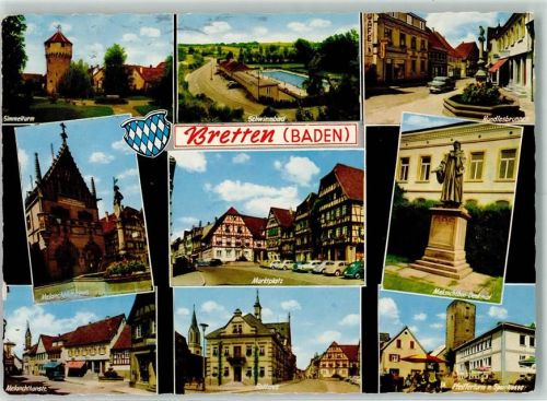 Bretten Simmelturm Schwimmbad Hundlesbrunnen Melanchthonhaus Marktplatz Melanchthon-Denkmal Melanchthonstraße Rathaus Pfeifferturm mit Sparkasse Rückseite mit Abschürfungen bzw Kleberesten