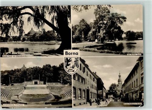 Borna Breiter Teich mit Oberschule Freilichtbühne Volksplatz Ernst-Thälmann-Straße Rückseite mit Abschürfungen bzw Kleberesten
