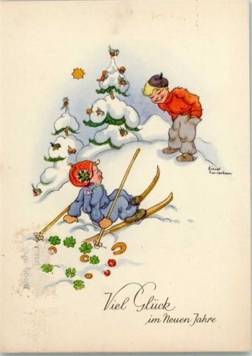 1942 sign. Liesel Lauterborn Neujahr Kinder mit Ski
