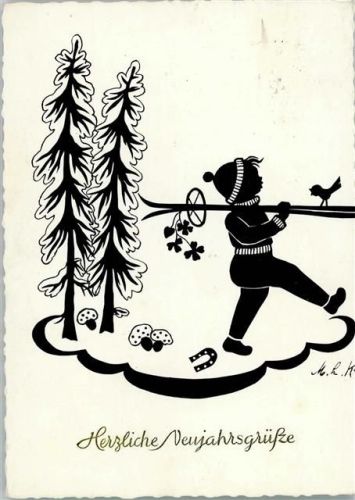 1965 Neujahr - Kind mit Ski, Hufeisen AK