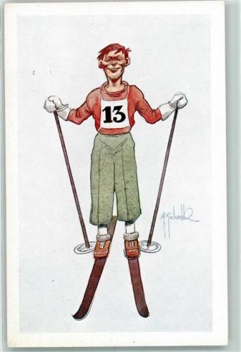 Ski Karikatur sign. F. Schenk?