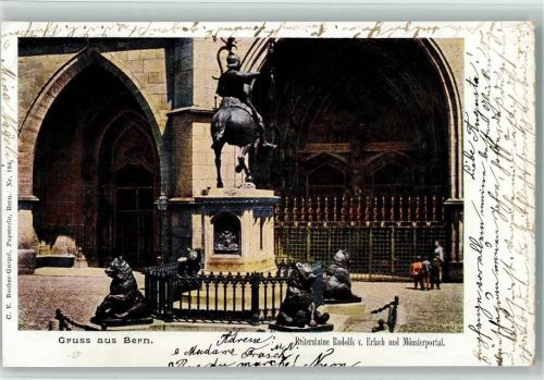 Bern 1901 Reiterstatue Rudolfs von Erlch und Münsterportal