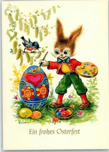 1974 Hase vermenschlicht Osterei anmalen AK