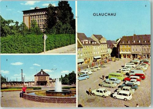 Glauchau Ingenieurschule für Anlagenbau Brunnen Am Bahnhof Markt AutosRückseite mit Abschürfungen bzw Kleberesten