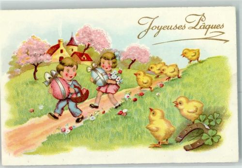 Joyeuses Paques Kind Küken Hufeisen AK