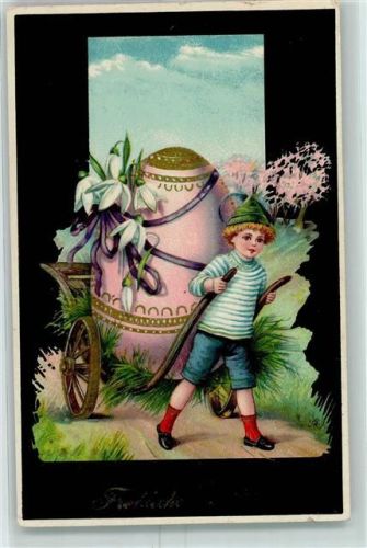 1908 Kind Blumenkarre mit großes Osterei AK