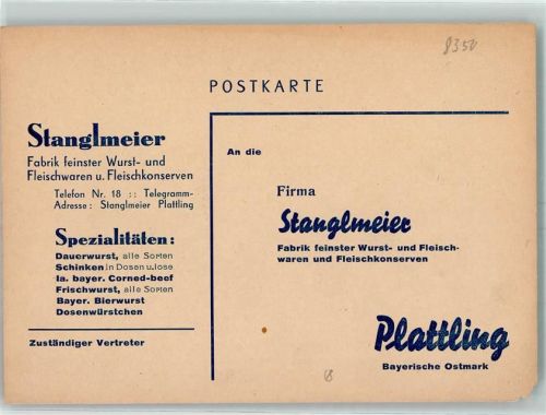 Plattling Fa. Stanglmaier Bestellung Postkarte Keine AK
