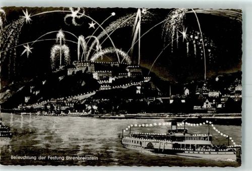 Koblenz Feuerwerk Burg Ehrenbreitstein Rhein Ausflugsschiff Nachtaufnahme